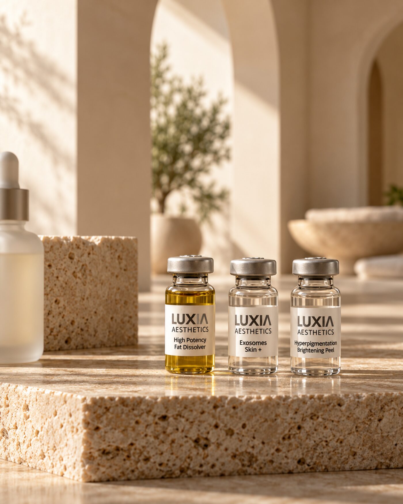 LUXIA High Potency Polynucleotides vials on warm travertine