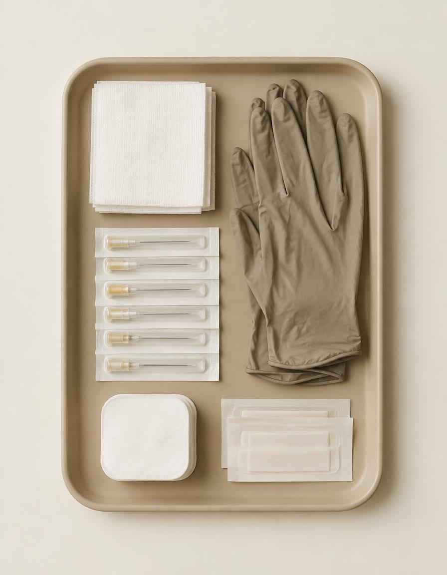 A tray of gloves, gauze, needles and cannulas for a treatment room