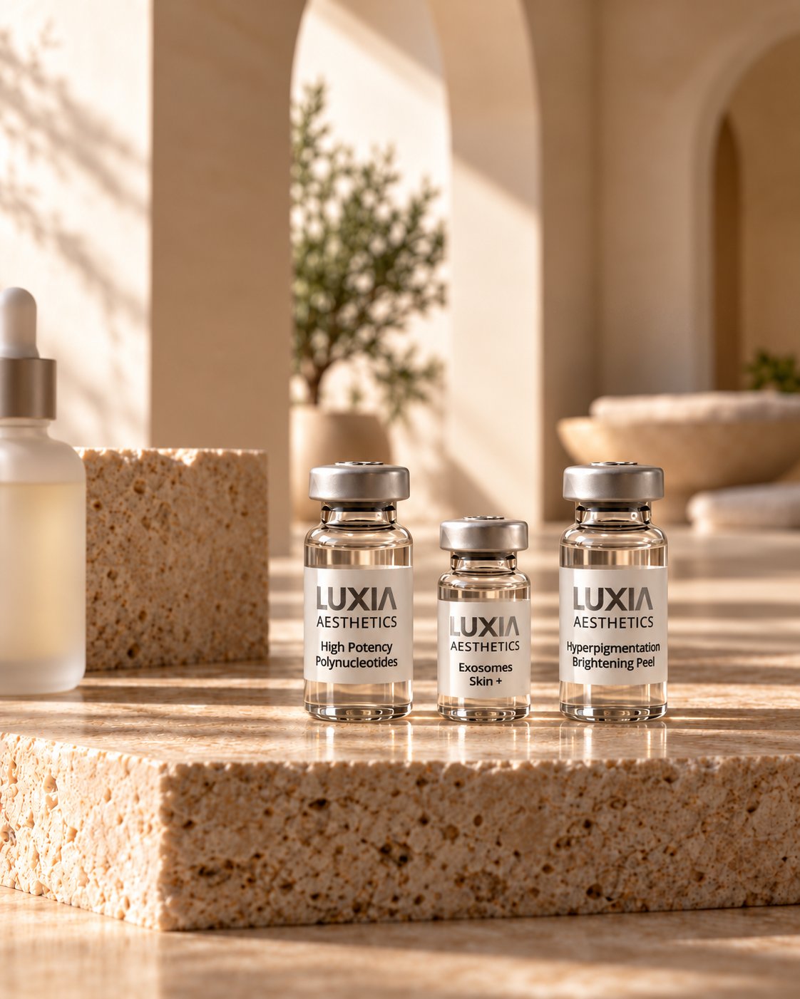 LUXIA Exosomes Skin+ vial in sunlight beside stone arches