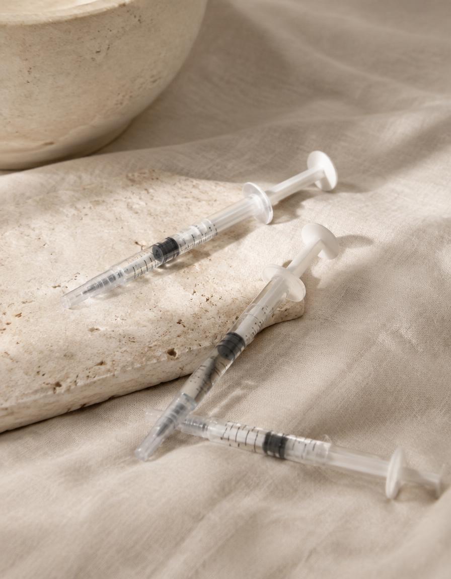 Dermal filler syringes resting on natural linen and stone